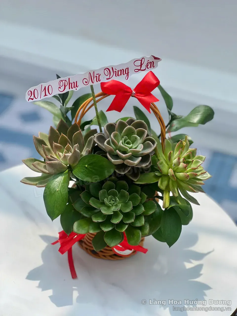 Giỏ Sen Đá Xanh Lá Quai Cao Nơ Đỏ